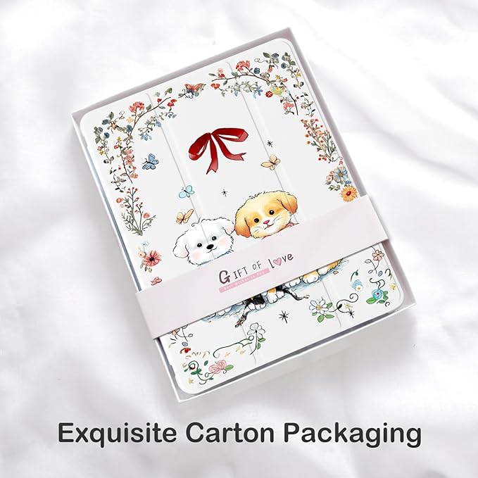 Cute Kawaii Kitten Puppy for iPad Air 11 Inch Case 7th/6th Generation (M3/M2) 2025/2024 with Pencil Holder Auto Sleep/Wake White Leather Soft TPU Back Cover