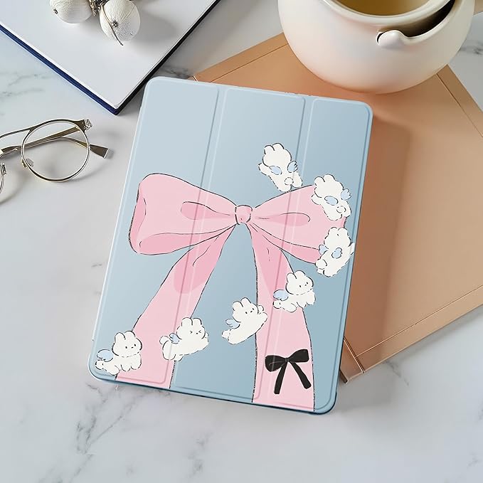 Idocolors Case for iPad 11 inch (A16 Chip) 2025 Generation 11th / iPad 10.9 inch 2022 10th Gen Built-in Pencil Holder with Soft TPU Shockproof Back Shell Auto Wake/Sleep Bunny Bow-Blue