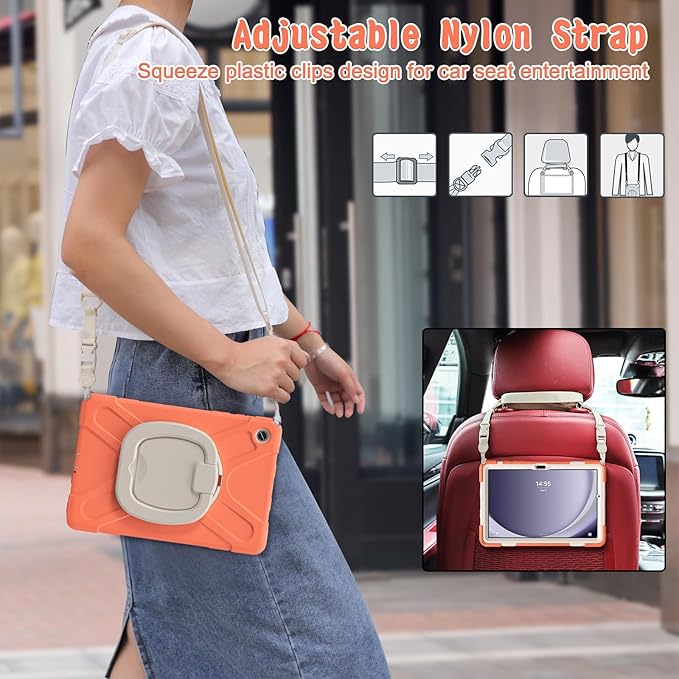 Case for Galaxy Tab A9 Plus 11 2023 (SM-X210/ X215/ X216) Heavy Duty Protective Case with 360 Degree Swivel Stand&ampHand Strap&ampShoulder Strap (Living Coral)
