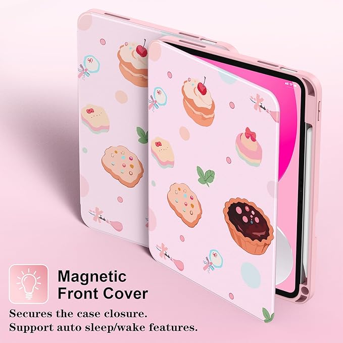 Supveco Case for iPad (A16) 11th Generation 11 inch (2025)iPad 10th Generation 10.9 inch (2022) with Pencil HolderPremium Folio Stand Case with Soft TPU Back CoverAuto Wake/Sleep-Pink Cake