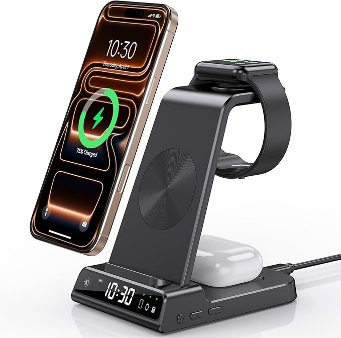 Wireless Charger for Apple Charging Station 3 in 1 Charging Station with Clock for iPhone 17/17 Pro/17 Pro Max/16/15 Series Watch Charger Stand for iWatch 10/9/8/AirPods (Adapter Included)