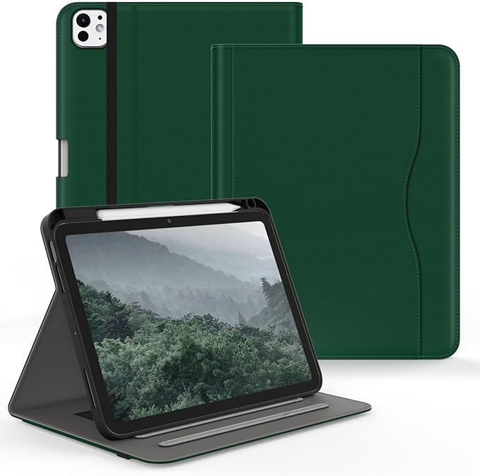 Case for iPad Pro 11 inch (M5/M4) 2025/2024 Multi-Angle PU Leather Cover for i Pad Pro 11 with Pencil Holder/Hand Strap/Pocket Auto Wake/Sleep Deep Green