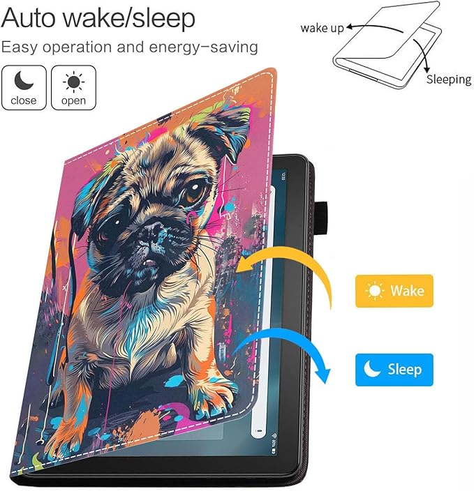 Case for Amazon Kindle Fire HD 10 &amp 10 Plus Tablet 10.1 (13th/11th Generation 2023/2021 Release) - Premium PU Leather Cover with Auto Sleep Wake Watercolor Art Pug