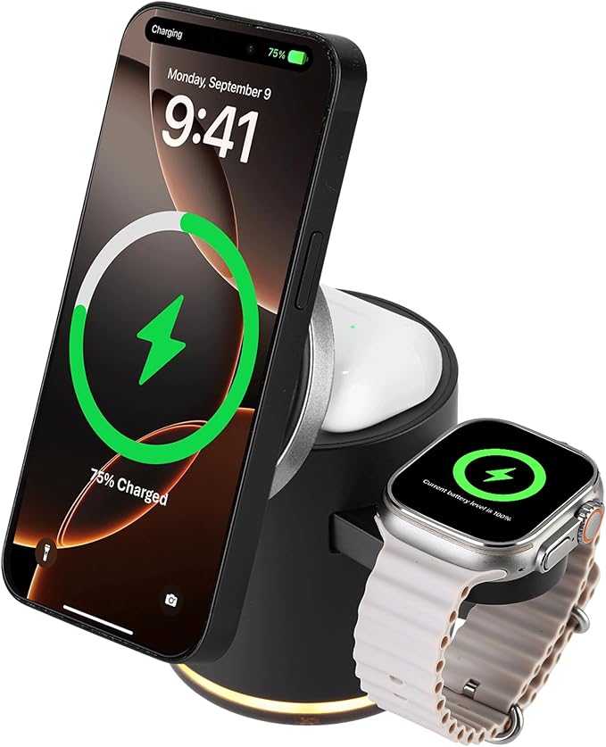 C16 4-in-1 Foldable Magnetic Wireless Charger Qi2 Certified 23W Fast Charging Station with Warm White LED Night Light Portable Travel Charger for Apple &amp Samsung Devices