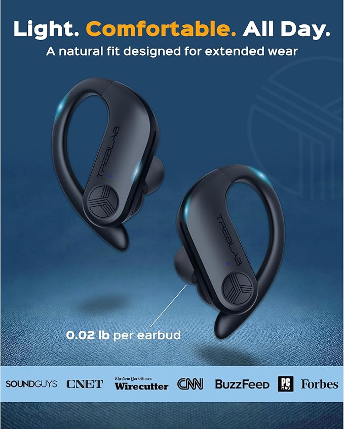 TREBLAB X3 Pro - Sports Wireless Ear Buds Bluetooth - Comfortable Workout Headphones with Secure Ear Hooks 9H Long Battery Life IPX5 Sweatproof Earphones Noise Isolation Over Ear Earbuds