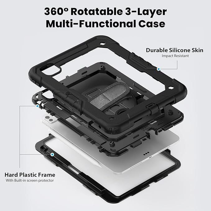 for iPad Pro 11 inch Case M5 2025/M4 2024 Shockproof Case for iPad Pro 11 M5/M4 with Screen Protector/Pencil Holder/Rotating Kickstand [Hand &amp Shoulder Strap]Black