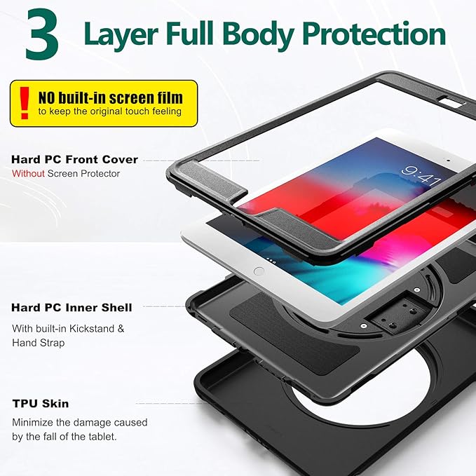 BATYUE Shockproof Case for iPad mini 1/2/3 (2012/2013/2014) - 360° Multi-Angle Stand (Portrait &amp Landscape) &amp Grip Multi-Scene for All Ages Black