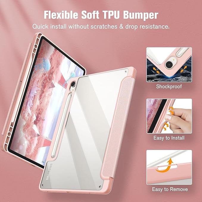 Case for Galaxy Tab S9 Ultra/S10 Ultra 14.6 Hard Crystal Clear Back Shell. Flexible Soft TPU Bumper with Pen Holder-Slim Folding Stand Folio Cover Fits Tab S9 Ultra/S10 Ultra Pink