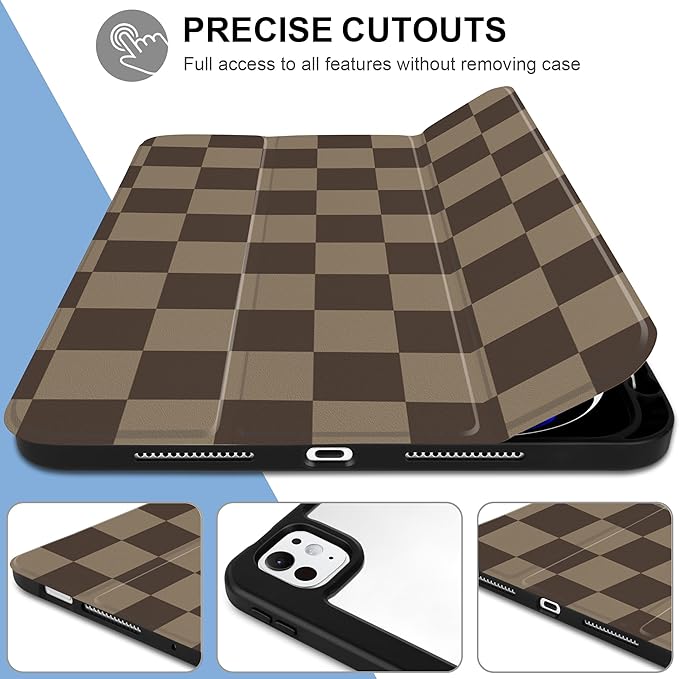 TWOLSKOO Case for iPad Pro 11-inch (M5 2025 / M4 2024) Clear Acrylic Back with TPU Bumper Pencil Holder Trifold Stand Auto Sleep/Wake Brown Checkerboard