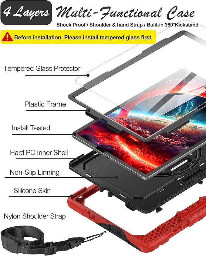 Case for Samsung Galaxy Tab S10 FE Plus 5G Tablet 13.1'' Shockproof Protective Cover with Tempered Glass Screen Protector Rotatable Kickstand S Pen Holder Hand/Shoulder Strap Red