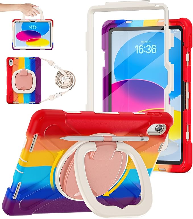 BATYUE Case for iPad (A16) 11th/10th Gen 11''/10.9'' 2025/2022 - Heavy Duty Shockproof Cover with 360° Rotating &amp 180° Folding Stand Screen Protector Shoulder Strap &amp Pencil Holder | Colorfu