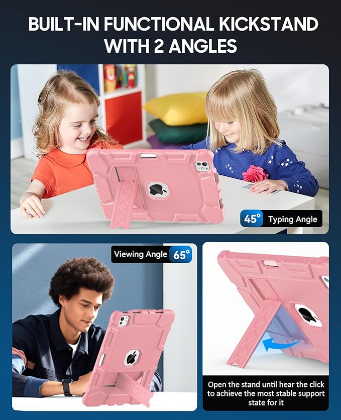 Case for iPad Pro 11 Inch Case (M5 2025/ M4 2024) with Pencil Holder Built-in Stand Military Grade Shockproof Protective Cover for iPad Pro 11 (Rose Gold)
