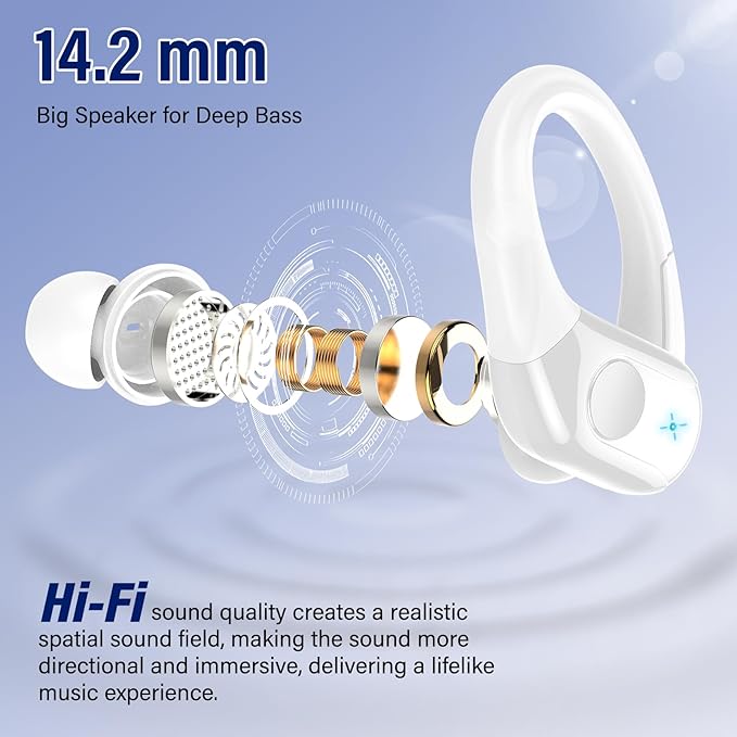 Wireless Earbuds Bluetooth 5.4 Headphones 75H Stereo Deep Bass Sports Over Ear Buds with Earhooks LED Display Bluetooth Earbuds with 4 ENC Mic IP7 Waterproof Earphone for Running White