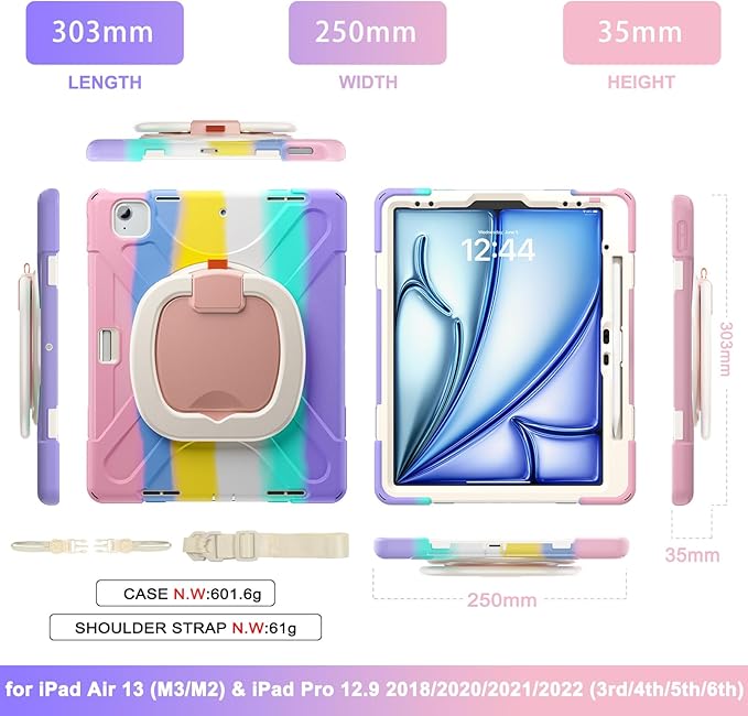 MEEgoodo Case for iPad Air 13 inch 2025 (M3) /2024 (M2) &amp iPad Pro 12.9 Case 6th/5th/4th/3rd Generation 2022 2021 2020 2018Tablet Cover with Pencil Holder/Rotating Stand/Shoulder StrapColourful