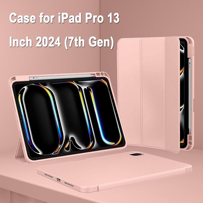ZryXal New iPad Pro 13 Inch Case (M5) 2025 / (M4) 2024 with Pencil Holder Smart iPad Case [Support Pencil Pro and Pencil (USB-C)] Support Touch ID and Auto Wake/Sleep (Rose Gold)