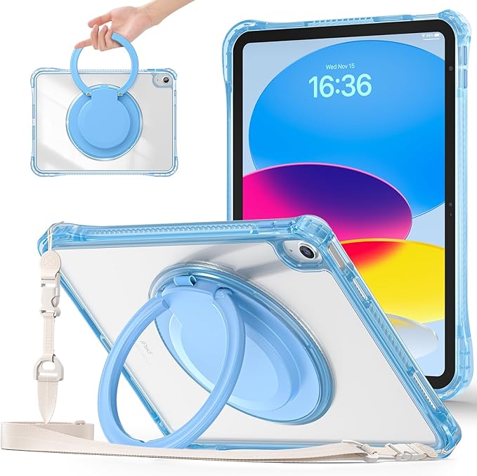 for iPad (A16) 11th / iPad 10th Generation Case with 360° Rotating Ring Kickstand Shoulder Strap Pencil Holder 2 in 1 Protective Clear Back Cover for iPad 2025 11 inch/iPad 2022 10.9 inch Blue