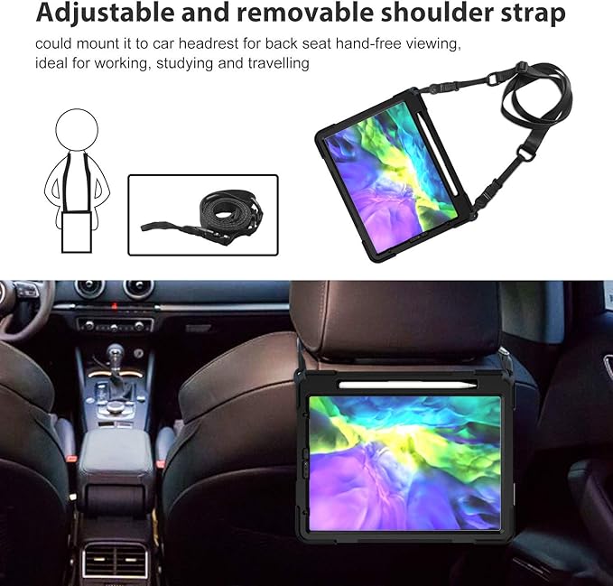 ProCase iPad Pro 11 inch Case 2021 2020 2018 with Apple Pencil Holder Rugged Heavy Duty 360 Rotating Kickstand Protective Cover with Shoulder Strap for iPad Pro 11” 3rd Gen / 2nd Gen / 1st Gen –Black