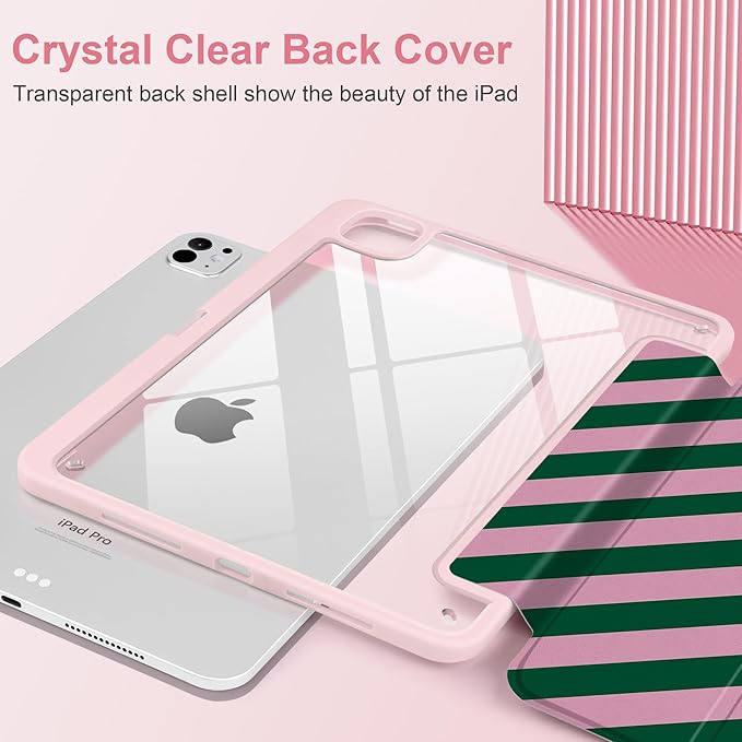 TWOLSKOO Case for iPad Pro 11-inch (M5 2025 / M4 2024) Clear Acrylic Back with TPU Bumper Pencil Holder Trifold Stand Auto Sleep/Wake Diagonal Stripes