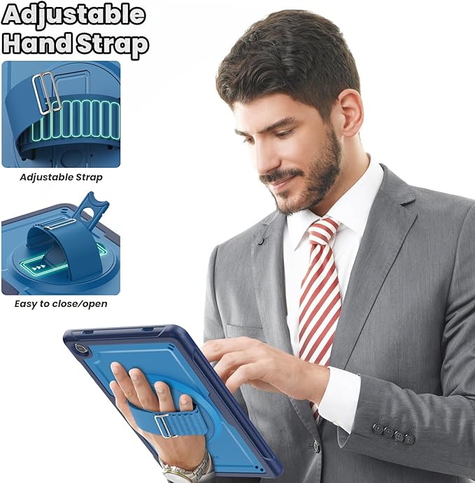 SEYMAC for Samsung Galaxy Tab A9+ Plus Case 11 2023 (SM-X210/X216/X218) Full-Body Shockproof Protective Case with Screen Protector Rotating Stand and Hand/Shoulder Strap Navy Blue