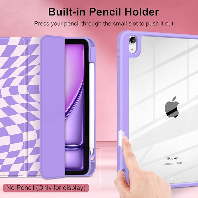 TWOLSKOO Case for iPad Air 11-inch (M4 2026 / M3 2025 / M2 2024) Clear Acrylic Back with TPU Bumper Pencil Holder Trifold Stand Auto Sleep/Wake Purple Wavy Checker