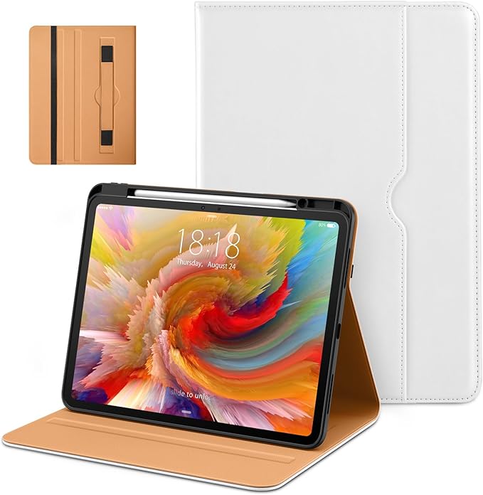 DTTO for iPad Pro 13 inch Case (M4) 2024 Premium Leather Business Folio Stand Cover with Pencil Holder - Auto Wake/Sleep and Multiple Viewing Angles Built in Hand Strap &amp Pocket White