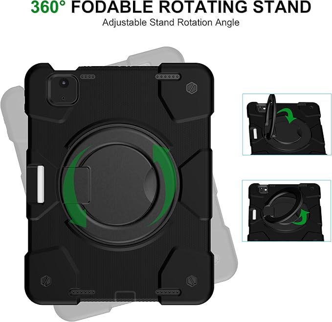 Case for iPad Air 11 inch Case M3 2025/ M2 2024 (Air 7th/6th Generation) Heavy Duty Shockproof Cover with Screen Protector 360° Rotating Stand Pencil Holder Shoulder Strap (Black)