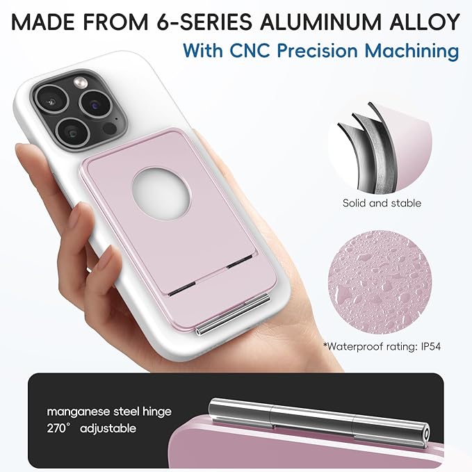 Cell Phone StandAdjustable Height and Angle Foldable Phone Holder for Desk Aluminum Cell Phone HolderStrong Magnetic Phone Stand Compatible with iPhone 16/15/14/13/12 Series (Pink)