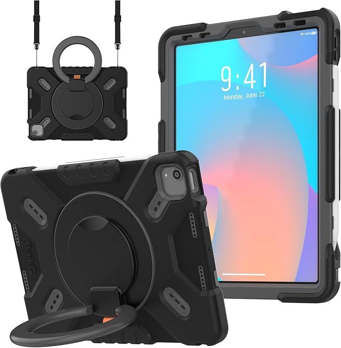 Pepkoo Triple Shockproof Case for iPad Air 5th/4th Generation 10.9 inch 2022/2020 and iPad Pro 11 Case 2022 2021 2020 2018 Gen Kids Boy Girl Cover with Kickstand &amp Shoulder Strap (Black)