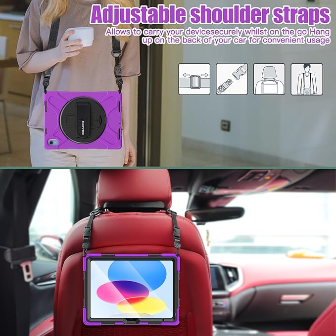 BRAECNstock for Apple iPad (A16) 11th/10th Generation 11/10.9'' 2025/2022 Shockproof Protective Case with Screen Protector Pencil Holder 360° Rotating Hand Strap&ampStand Shoulder Strap Purple