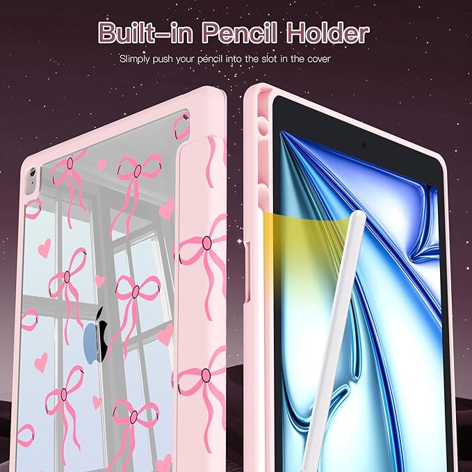 Teryeefi for iPad 9th Generation Case Clear Back Cover with Pencil Holder &amp Auto Sleep/Wake for iPad 10.2 inch 9th/8th/7th Generation 2021/2020/2019 - Cute Pink Bow