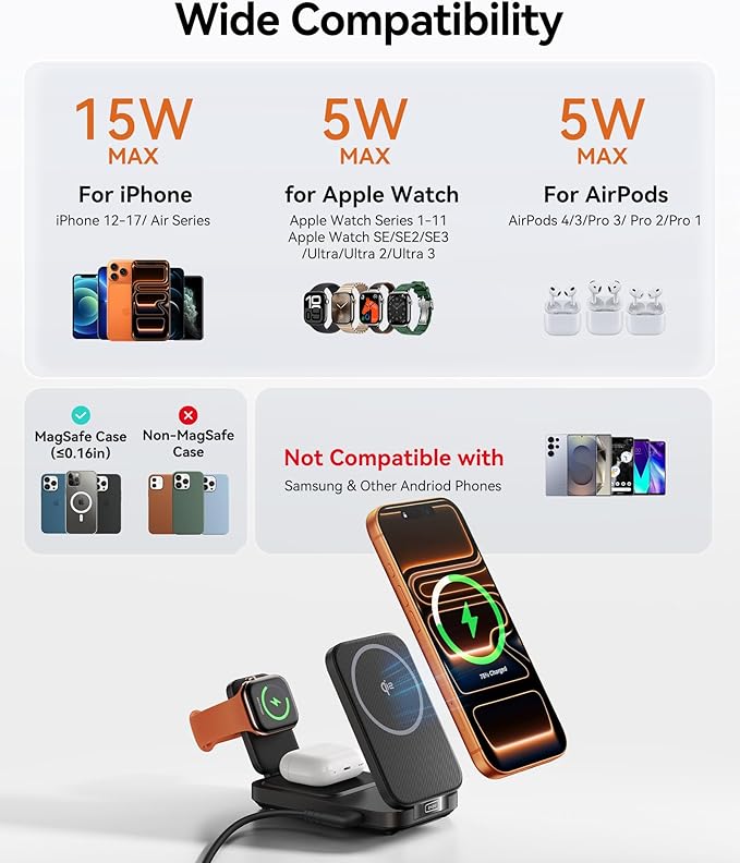 INIU 3 in 1 Wireless Charging Station Qi2 Certified 15W Travel Charger for Apple Multiple Devices Foldable Magnetic Wireless Charger Stand for iPhone 17 16 15 14 13 12 Series Apple Watch AirPods