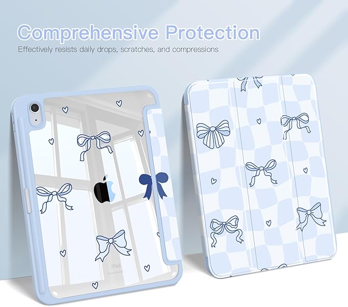 Teryeefi for iPad (A16) 11th Generation Case 11 Inch 2025 Release for iPad 10th Generation 10.9 Inch 2022 Protective Shell with Pencil Holder Soft TPU+Crystal Hard Back Cover (Grid Bows)
