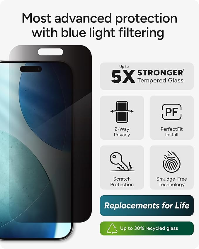 ZAGG Glass Elite Privacy Screen Protector for iPhone 17 - 5X Stronger Tempered Glass ClearPrint Technology for Smudge Free Clarity Smooth Feel Full Coverage InvisibleShield Easy Two-Step Installa