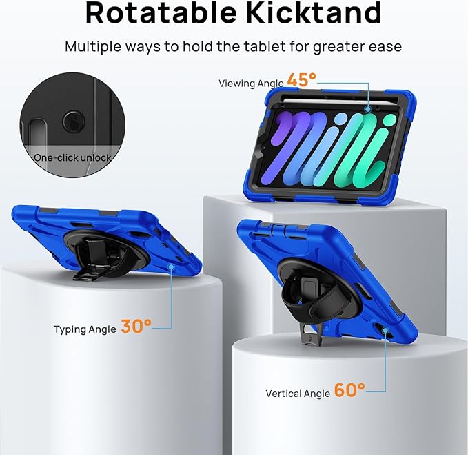Gerutek Case for iPad mini 7 (A17 Pro) 2024/Mini 6 2021 8.3 inch Shockproof Cover for iPad mini 7/6th Generation with Screen Protector 360° Rotating Stand Hand/Shoulder Strap Pencil Holder Blue