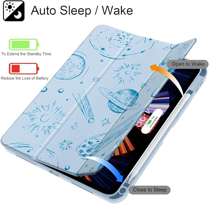 Tuiklol for iPad (A16 Chip) 11th Generation 11 inch 2025 / iPad 10th Generation 10.9 inch 2022 Case Buit in Pencil Holder with Clear Back Shell Cover Trifold Stand Auto Wake/Sleep Space Comets-Blue