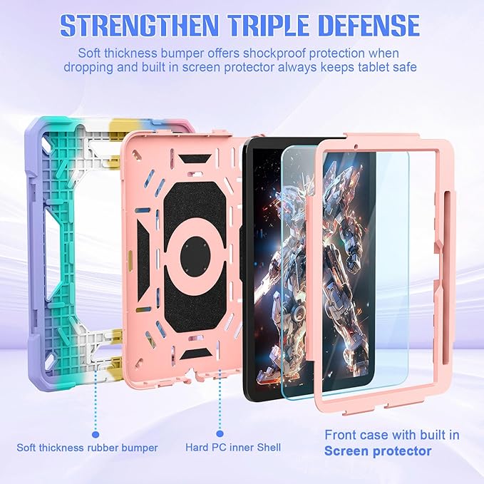 KCJ for iPad Air 11 Inch Case M3 2025 7th Generation &amp M2 2024 6th Generation with Tempered Glass Screen ProtectorRugged Protective Case with Folding Stand/Pencil Holder/Shoulder Strap (Rainbow)