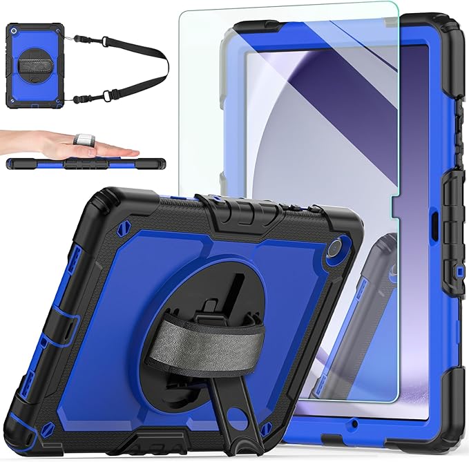 Ambison Case for Samsung Galaxy Tab A9+ Plus 11'' 2023 [Kids Proof] Full Body Protective Case with 9H Tempered Glass Screen Protector 360° Rotatable Kickstand &amp Hand Strap (Blue)