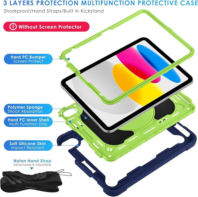 DETUOSI Case for iPad (A16) 11th Generation 11 Inch 2025 Shockproof Cover with 360°Rotatable Stand &amp Shoulder Strap Heavy Duty Case for iPad 10th Gen 10.9 Inch Dark Blue + Green