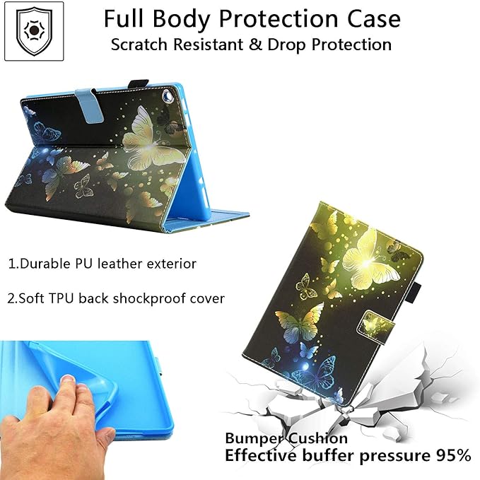 Fire HD 10 Case (9th Gen 2019 &amp 7th Gen 2017) with Pencil Cards Holder [Multiple Angle Viewing] Stand Smart PU Leather Cover [Auto Sleep/Wake] for Amazon Kindle Fire 10.1 Gold Butterflies