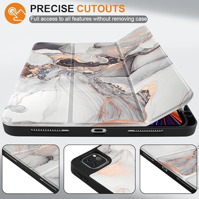 DONGKE Case for iPad Pro 12.9 inch 6th Generation 2022 Built-in Pencil Holder + Trifold Stand + Auto Wake/Sleep + Protective Cover for iPad Pro 12.9 5th/4th/3rd Gen - Grey Marble