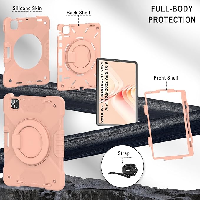 SCSVPN for iPad Air 5th/ 4th Generation 10.9'' Case iPad Pro 11 Inch Case 4th/3rd/2nd/1st Gen 2022 2021 2020 2018: Protection Kids Cover with Pencil Holder-Stand-Handle-Shoulder Strap Rose Gold