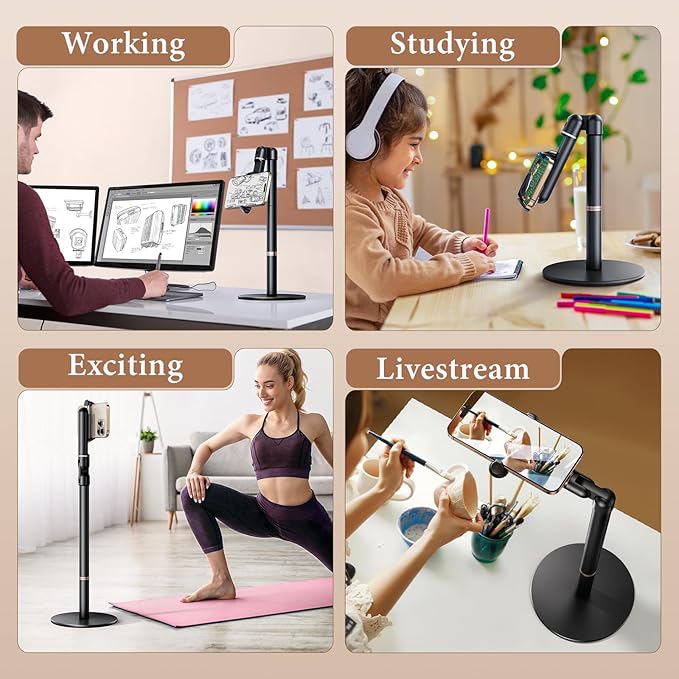 Height/Angle Adjustable Phone Holder 10-25 Retractable Tall Phone Stand for Desk720°Rotatable+180flip Phone Holder Stand for Video Calls Kitchen Table Office Etc -Clip Type