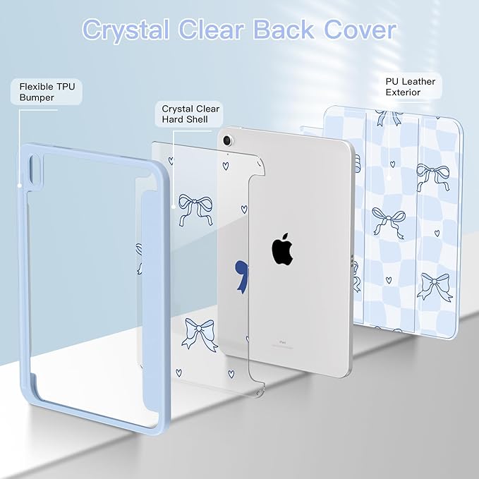Teryeefi for iPad (A16) 11th Generation Case 11 Inch 2025 Release for iPad 10th Generation 10.9 Inch 2022 Protective Shell with Pencil Holder Soft TPU+Crystal Hard Back Cover (Grid Bows)