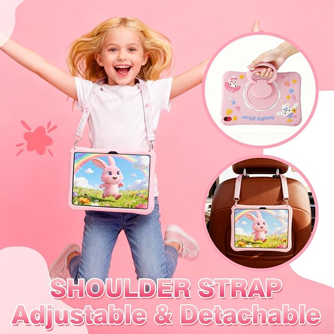 Kids iPad Case for A16 11th Generation 11 Inch 2025 &amp 10th Generation 10.9 Inch 2022 Pink Cute 3D Cartoon Design with 360 Rotatable Kickstand Adjustable Strap Shockproof Protective Cover for Gi