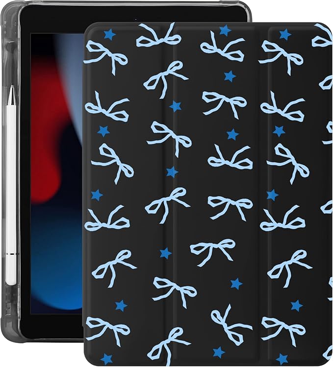 Idocolors Case for iPad 11 inch (A16 Chip) 2025 Generation 11th / iPad 10.9 inch 2022 10th Gen Built-in Pencil Holder with Soft TPU Shockproof Back Shell Auto Wake/Sleep Blue Bows-Black