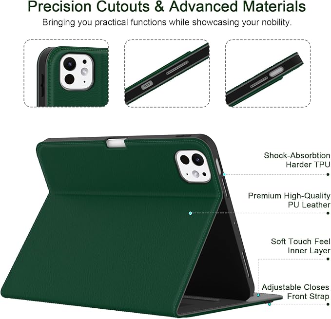 Case for iPad Pro 11 inch (M5/M4) 2025/2024 Multi-Angle PU Leather Cover for i Pad Pro 11 with Pencil Holder/Hand Strap/Pocket Auto Wake/Sleep Deep Green