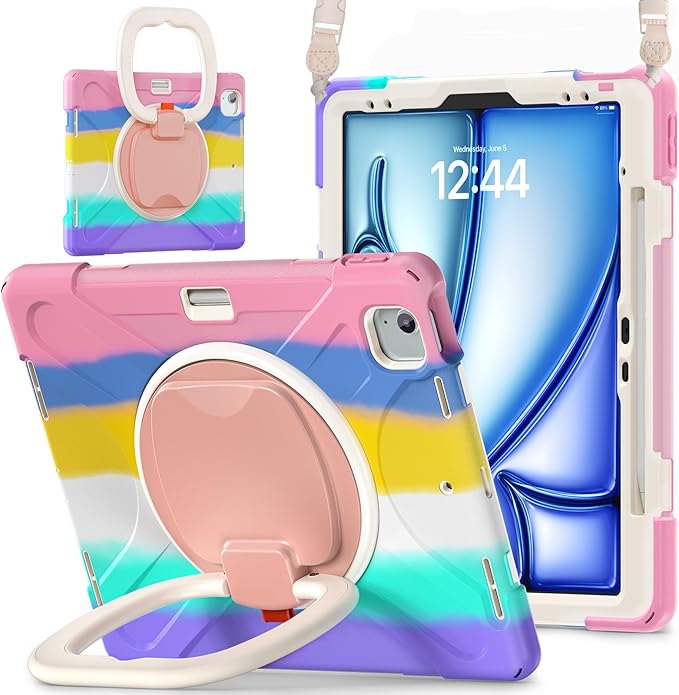 SCSVPN Kids Case for iPad Air 13 inch M4/M3/M2 2026 2025 2024 &amp iPad Pro 12.9'' 6th/5th/4th/3rd Gen 2022 2021 2020 2018 Protective Cover with Pencil Holder-Stand-Handle-Shoulder Strap Colorful P