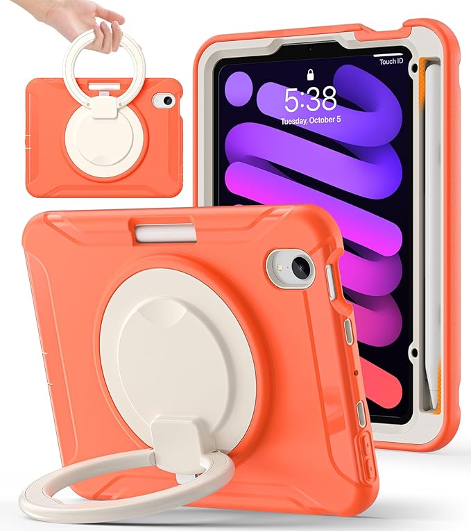 BATYUE Shockproof Case for iPad mini 7 (A17 Pro)/ Mini 6 8.3 inch (2024/2021) - 360° Multi-Angle Stand (Portrait &amp Landscape) &amp Grip Built-in Pencil Holder Coral Orange