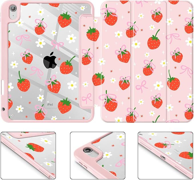May Chen for iPad (A16) 11th Generation Case 11 Inch 2025 iPad 10th Gen Case 2022 10.9 inch Built-in Pencil Holder with Shockproof Cover Clear Back Shell Auto Wake/Sleep Strawberries &amp Bows