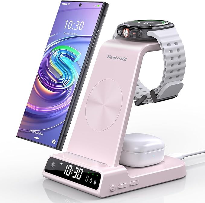 Wireless Charger Samsung Charging Station: 3 in 1 Android Charging Stand with Dimmable Clock - Nightstand Organizer for Galaxy S25 Ultra S24 Galaxy Watch 8 7 6 5 4 Galaxy Buds Space-Saving Charger